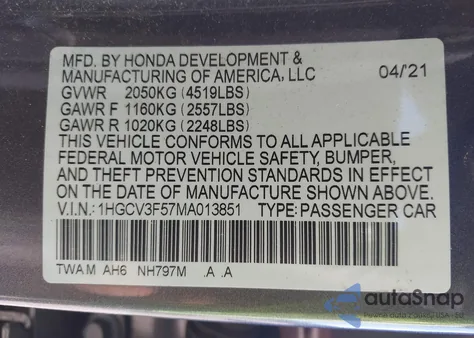 2021 Honda Accord Hybrid Ex-L from USA, damaged, VIN 1HGCV3F57MA013851